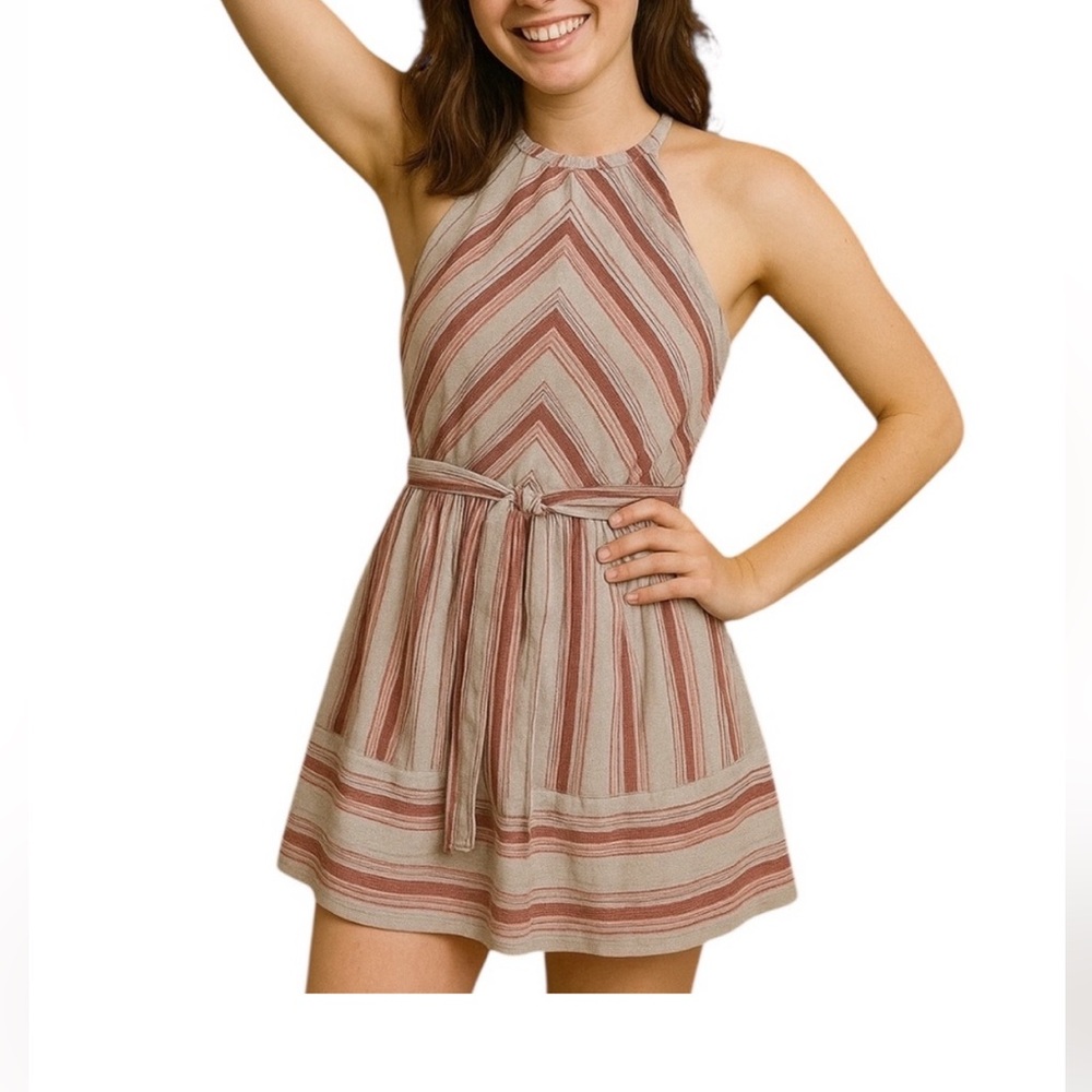 J. O. A Linen Blend Striped Sleeveless Dress with Belt